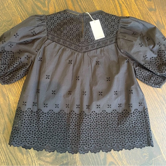 NEW WTA: Ulla Johnson Black Blouse with Puffed Sleeves and Eyelet Detail Size 00 - Picture 9 of 13